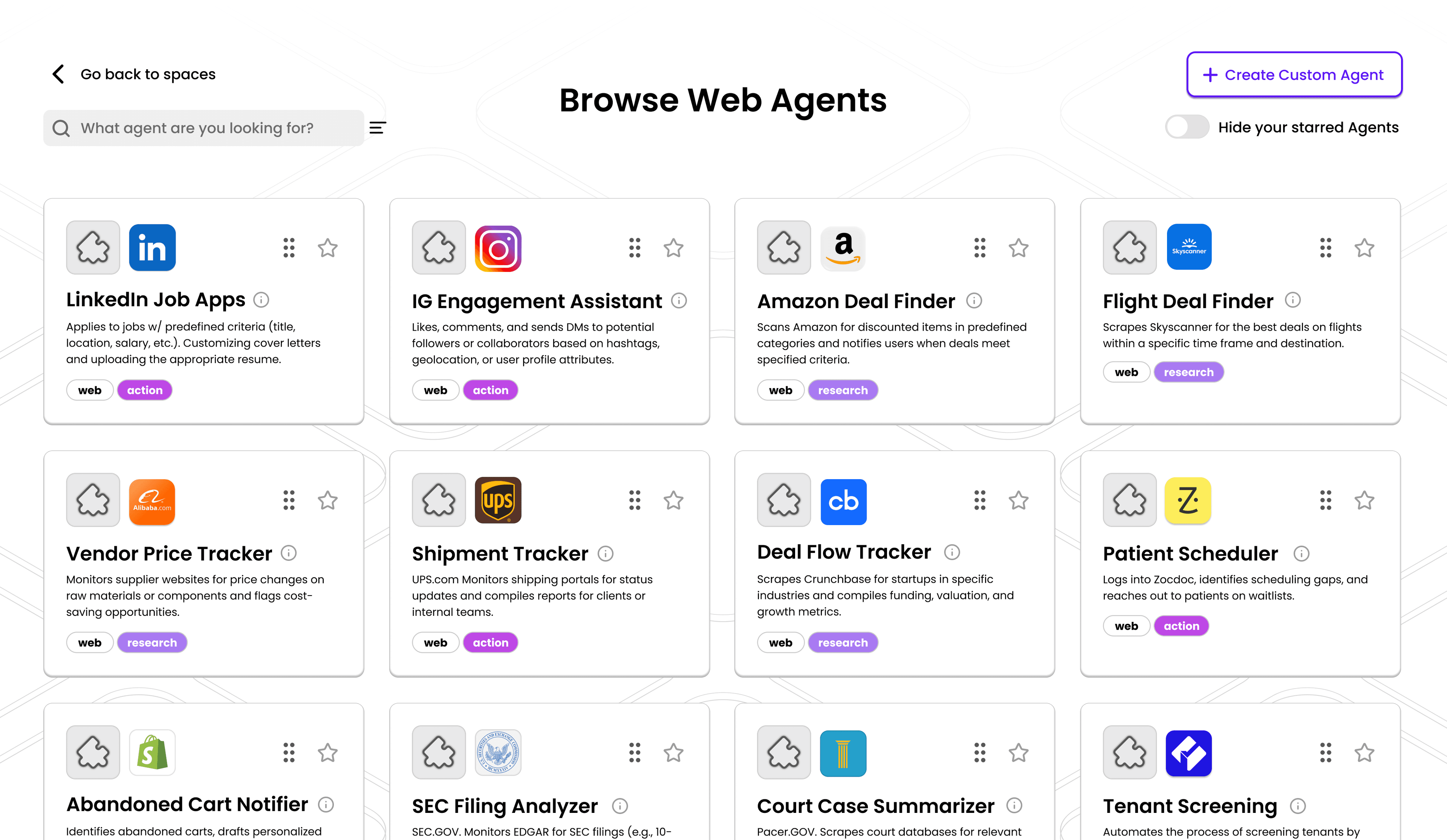 Original Web Agents catalog, including LinkedIn Job Apps, IG Engagement Assistant, Amazon Deal Finder and Flight Deal Finder.