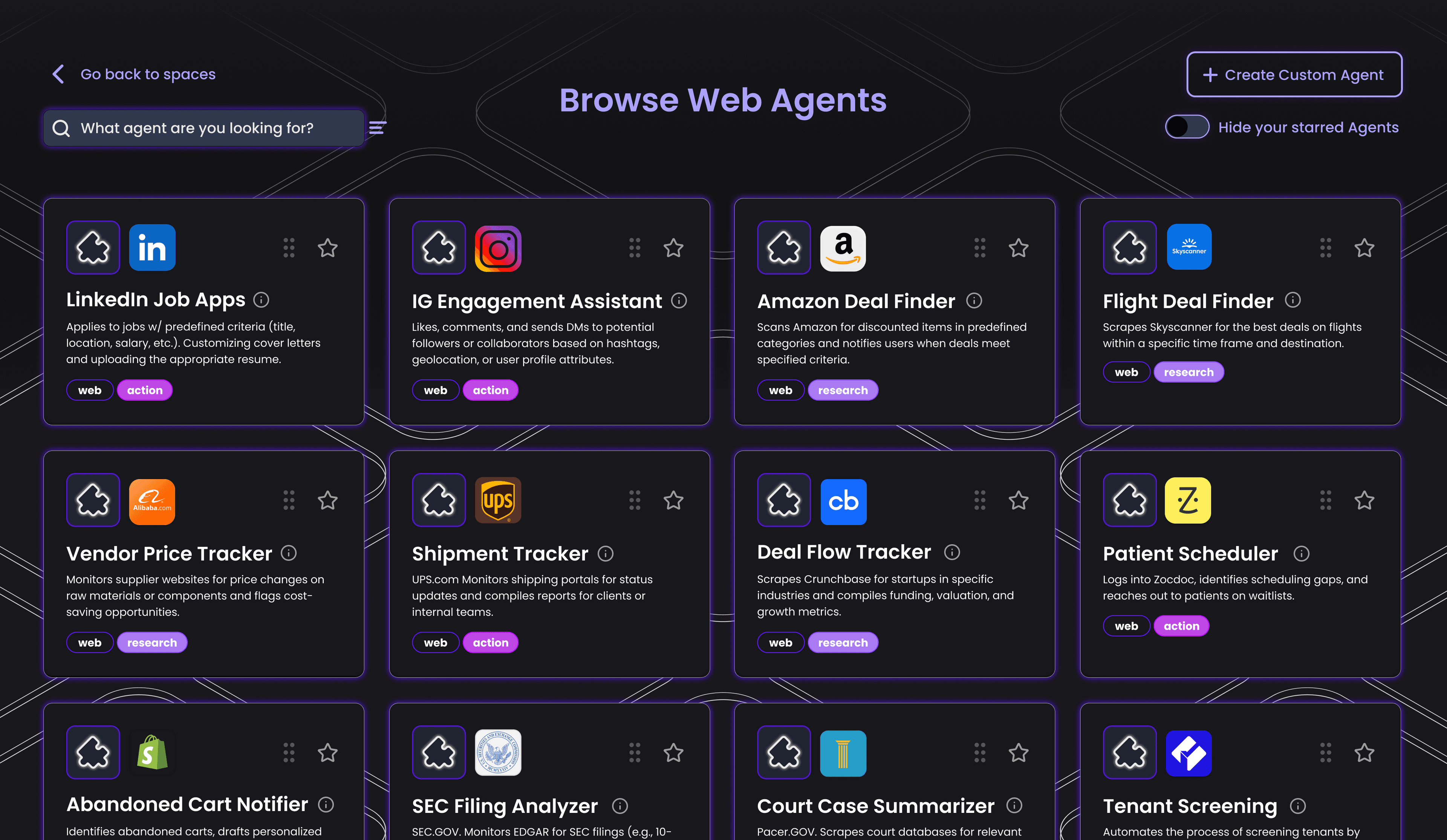 Original Web Agents catalog, including LinkedIn Job Apps, IG Engagement Assistant, Amazon Deal Finder and Flight Deal Finder.